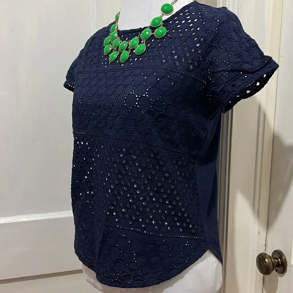 Joules Women's Size 4 Navy Open Weave Pull On T Shirt Blouse